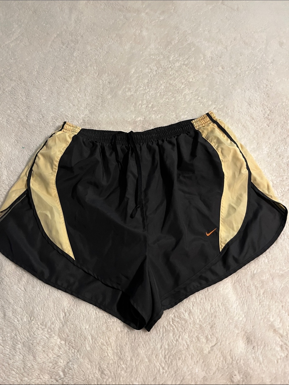 Nike Women’s Black and Cream Athletic Shorts with Orange Swoosh💐EUC